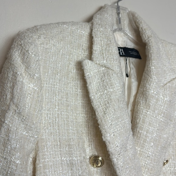 Zara Double Breasted Embossed Tweed Tailored Fit Ecru White Blazer Jacket - Picture 13 of 16